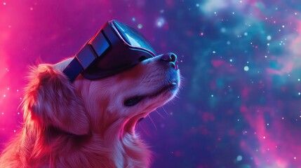 A dog wearing VR goggles against a colorful cosmic background