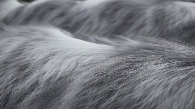Flowing abstract wave with dense wolf fur texture, featuring grey tones with dark tips and subtle white highlights for a natural effect