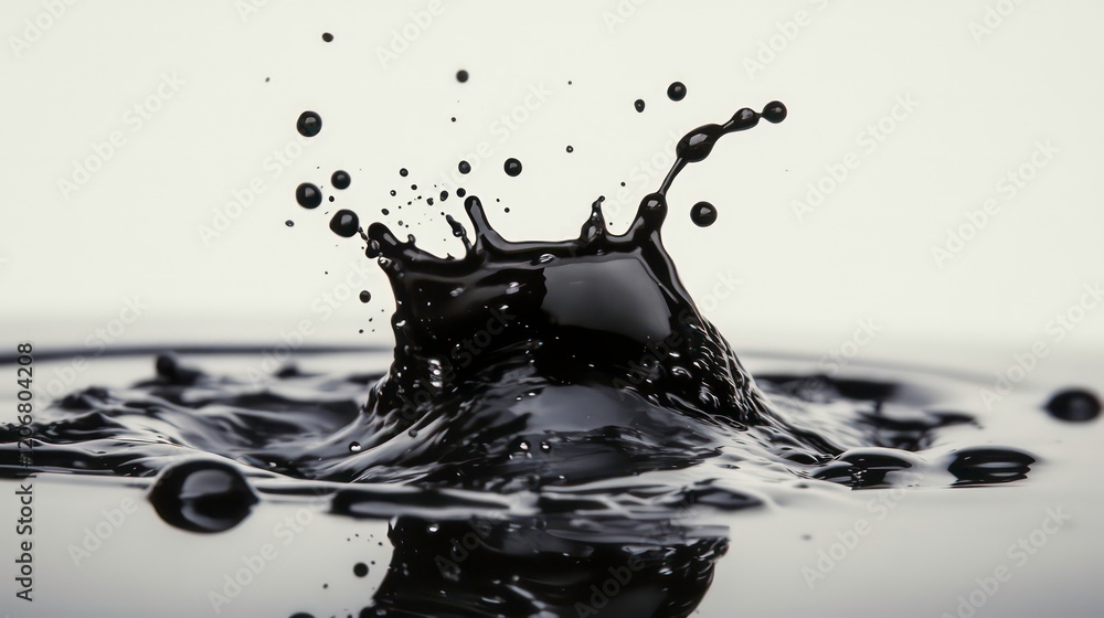 Poster a dynamic splash of black liquid against a white background. the liquid appears to be thick and glos