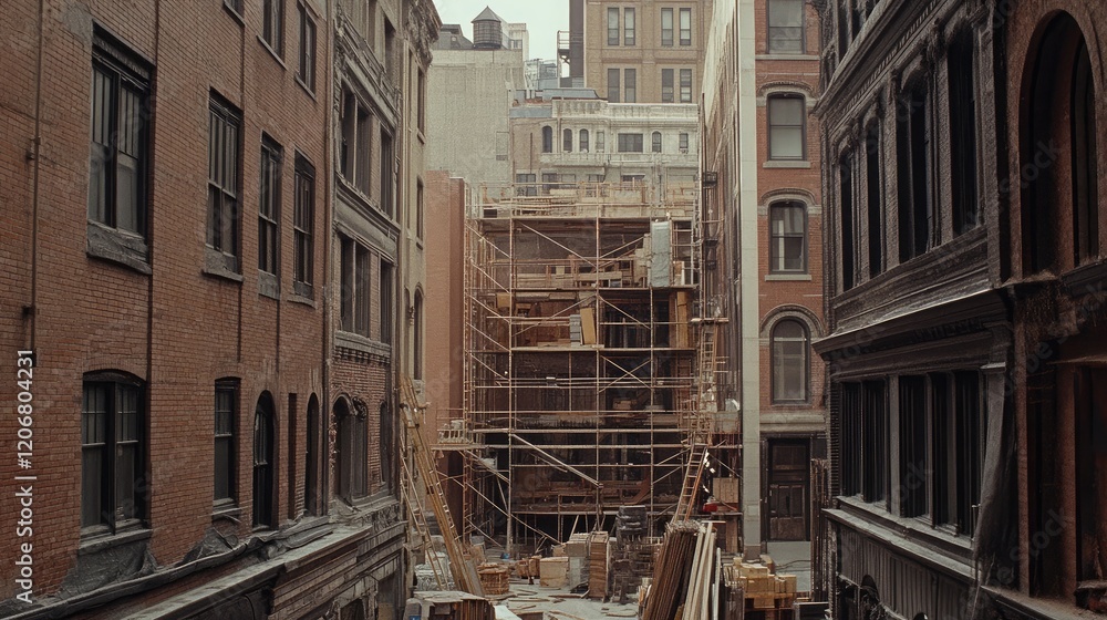 Poster a construction site building with scaffolding, cranes, and materials in progress.