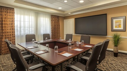 Fototapeta premium A conference room with a long table, ergonomic chairs, and a large screen.