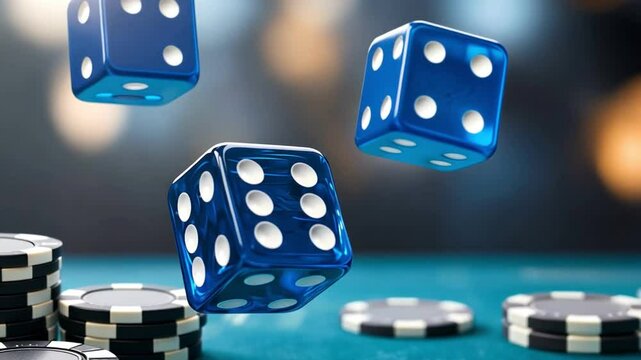 Exciting view of blue dice rolling on a poker table surrounded by casino chips.