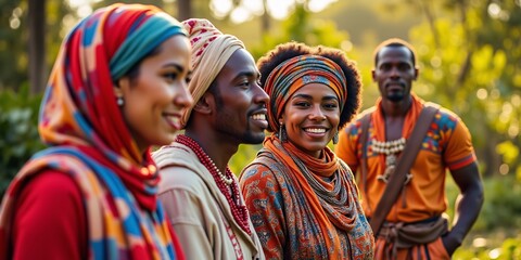 Fototapeta premium Radiant smiles, vibrant hues, cultural pride shines through in this breathtaking image of diverse individuals.
