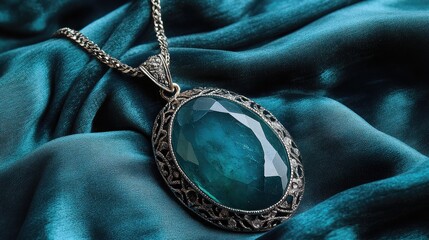 Fototapeta premium A gemstone pendant featuring a large, oval-cut emerald on a soft velvet cloth.