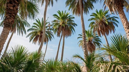 palm trees with branches and leaves in the park of the beach 