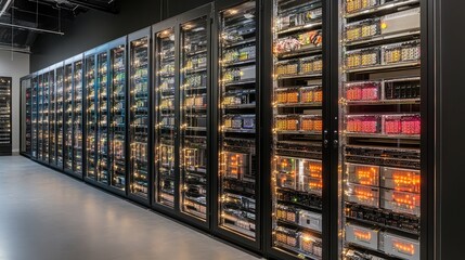 A high-tech server room with rows of illuminated servers and cooling systems.