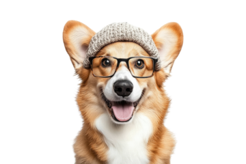 Corgi wearing knitted hat and glasses isolated on white or transparent PNG