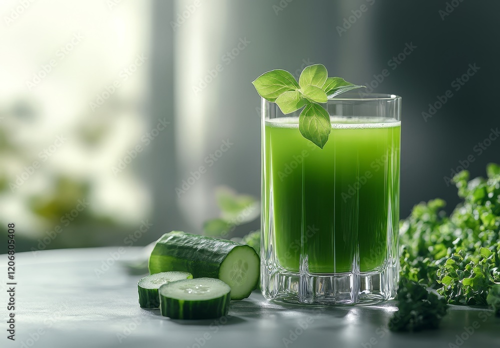 Poster refreshing green juice in glass with cucumber and basil.