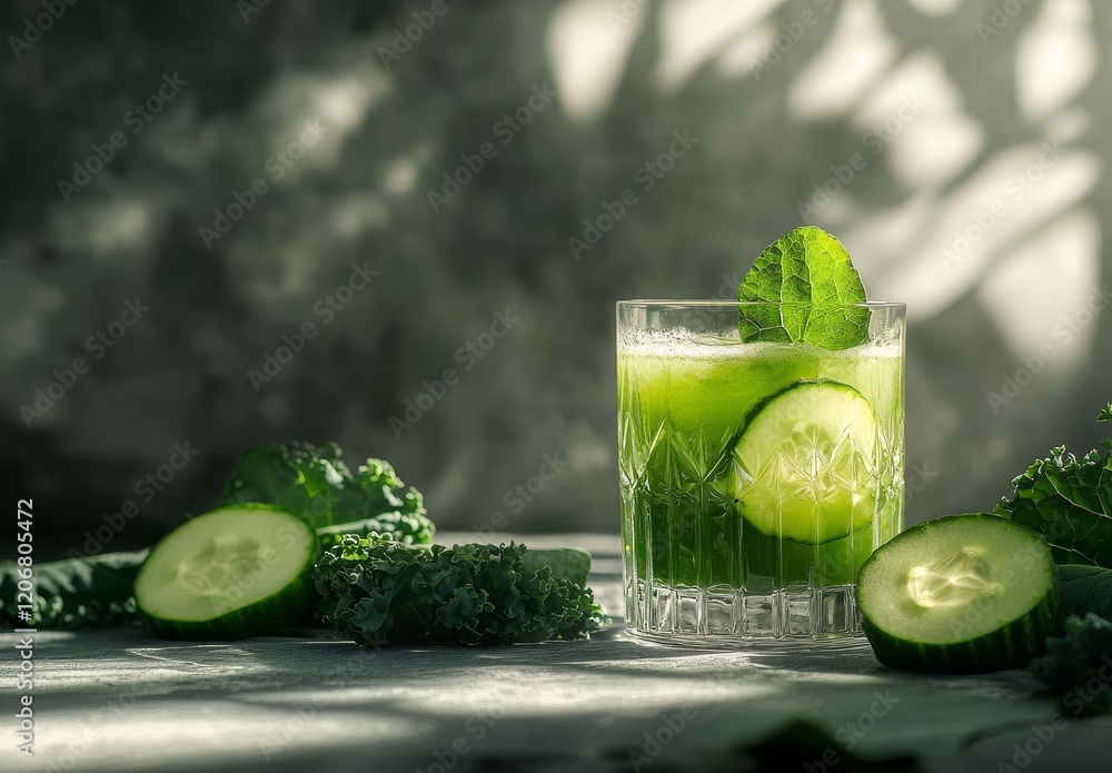 Poster refreshing green juice with cucumber and kale.