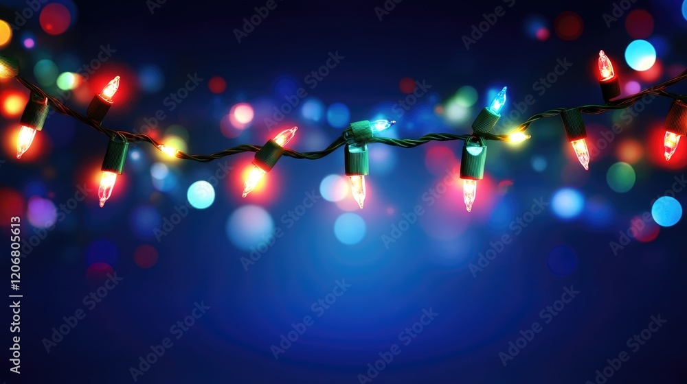 Poster a christmas garland of glowing lights shining against a dark blue background, creating a warm and fe