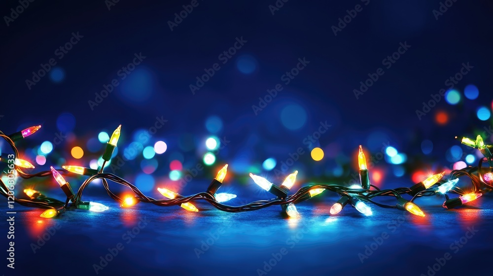 Poster a christmas garland of glowing lights shining against a dark blue background, creating a warm and fe