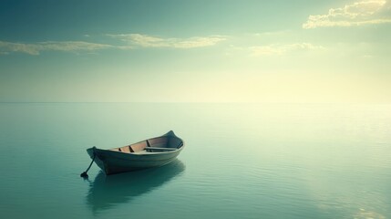 Naklejka premium A small anchor tied to a rowboat, floating gently in calm waters.