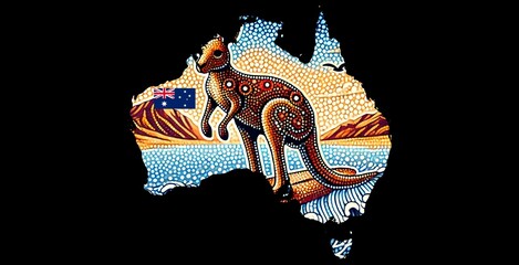 Australia map with aboriginal dot painting of kangaroo on surfboard on black background jpg  file