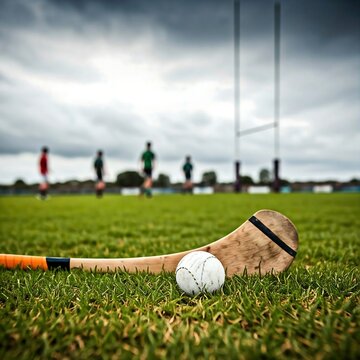 A traditional wooden hurling stick and sliotar ball resting on a grassy field with a goalpost in the distance under a cloudy sky.