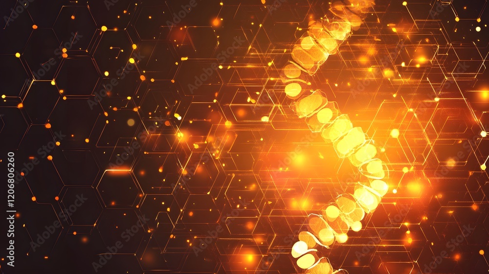 Poster abstract glowing dna helix on hexagonal grid background