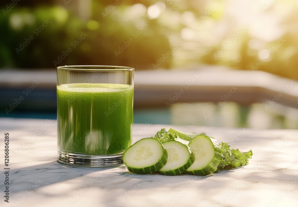 Poster refreshing green juice in glass with cucumber and kale slices on marble table by pool.