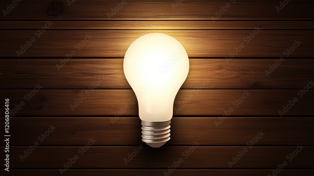 Poster a glowing light bulb on a wooden background, offering plenty of space for customization or messaging