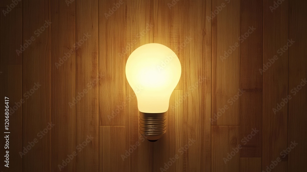 Poster a glowing light bulb on a wooden background, offering plenty of space for customization or messaging