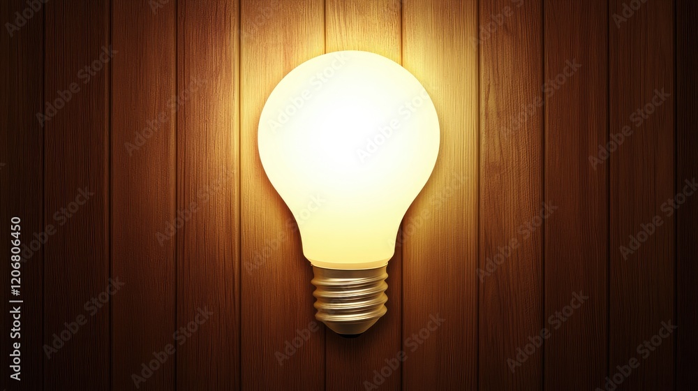 Poster a glowing light bulb on a wooden background, offering plenty of space for customization or messaging