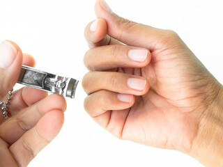Hand woman and scissour,female trim nail cut fingernail clipper with , body person hygiene thum maicure cosmetic beauty.