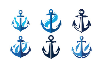 Six blue anchor symbols arranged in two rows showing various designs and shapes in a simple nautical themed style