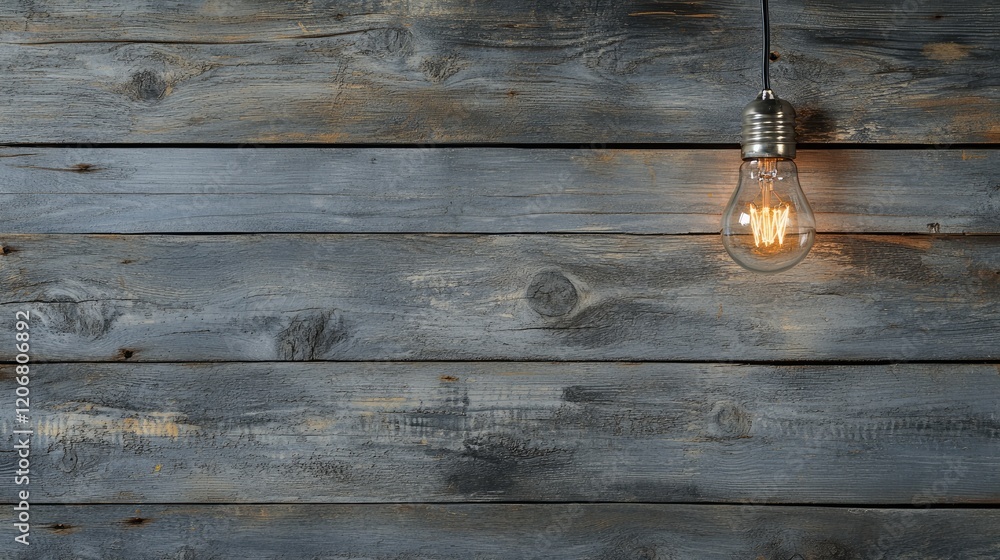 Poster A light bulb on a rustic wooden background with ample space for your task or message, perfect for business or creative concepts.