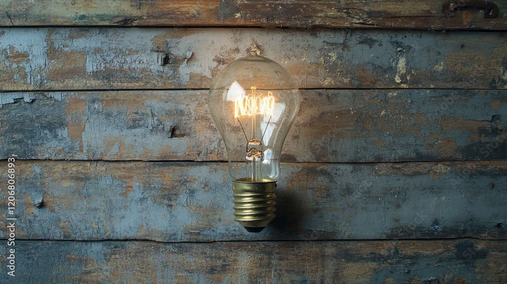 Poster A light bulb on a rustic wooden background with ample space for your task or message, perfect for business or creative concepts.