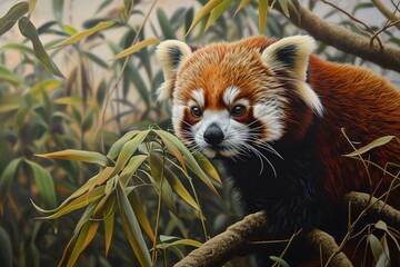 Fototapeta premium Red panda resting among bamboo leaves in its natural environment