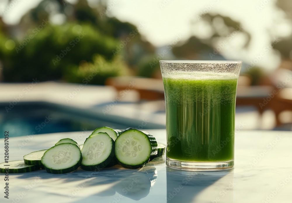 Poster refreshing green cucumber juice by the pool.