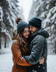 Winter Wonderland Embrace: A heartwarming image of a couple deeply in love, bundled up in warm winter attire, embracing amidst a snowy forest, snowflakes gently falling around them.