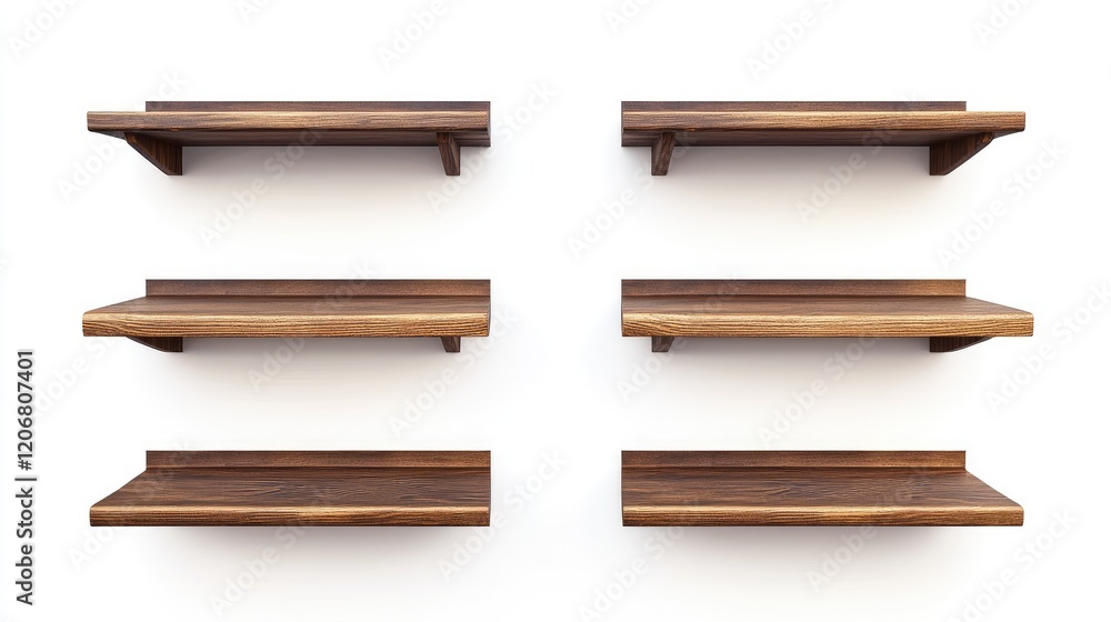 Poster a set of brown wooden shelves arranged on a white background, featuring clear clipping paths for des