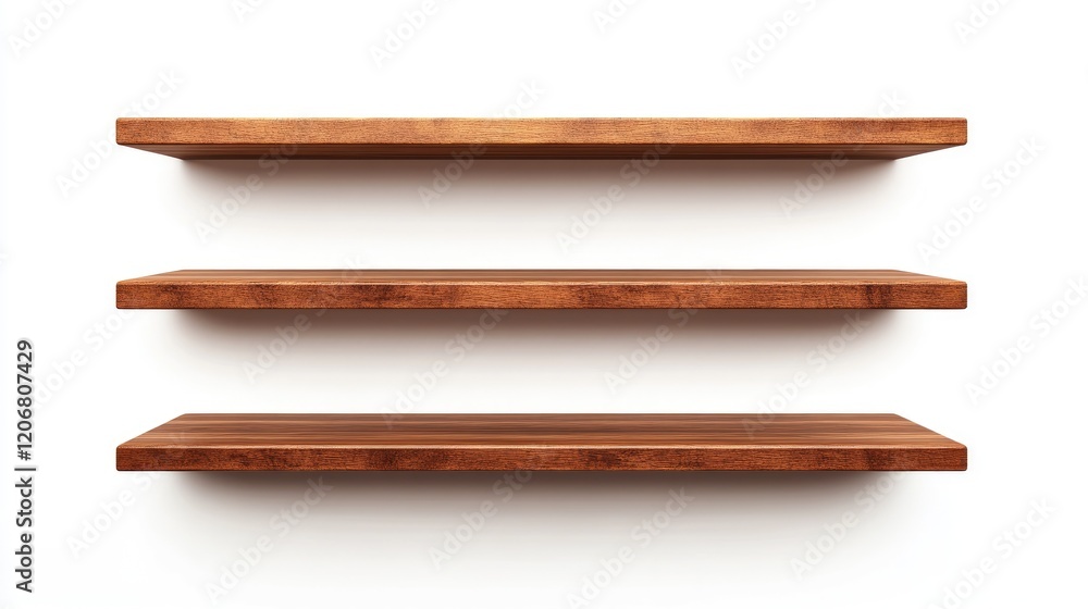 Poster a set of brown wooden shelves arranged on a white background, featuring clear clipping paths for des