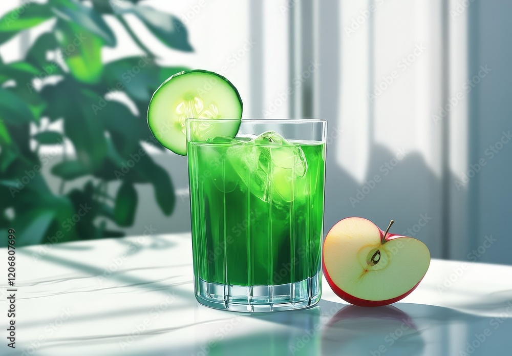 Poster refreshing green juice with cucumber and apple slices in a glass.