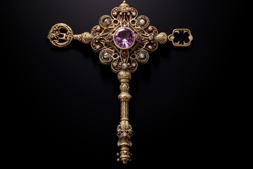 Ornate antique jeweled key with intricate gold design and a prominent gemstone