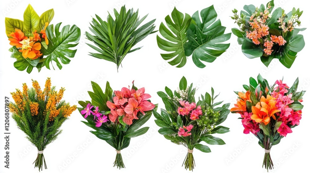Poster a vibrant set of six bouquets with a variety of fresh tropical leaves and flowers, beautifully arran