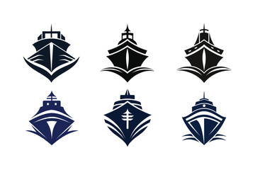 Six cruise ship icons display front-facing views with various stylized designs including waves laurel branches and anchor details