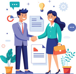 People shaking hands at work - Two businesspeople, man and woman doing handshake in office at work while smiling over business agreement and deal. Flat design stock illustration on white background