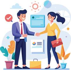 Obraz premium People shaking hands at work - Two businesspeople, man and woman doing handshake in office at work while smiling over business agreement and deal. Flat design stock illustration on white background