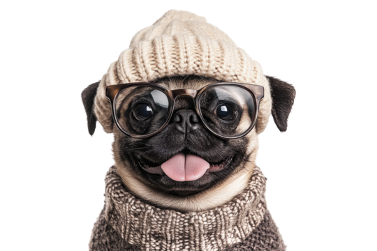 Pug wearing knitted sweater and glasses isolated on white or transparent PNG