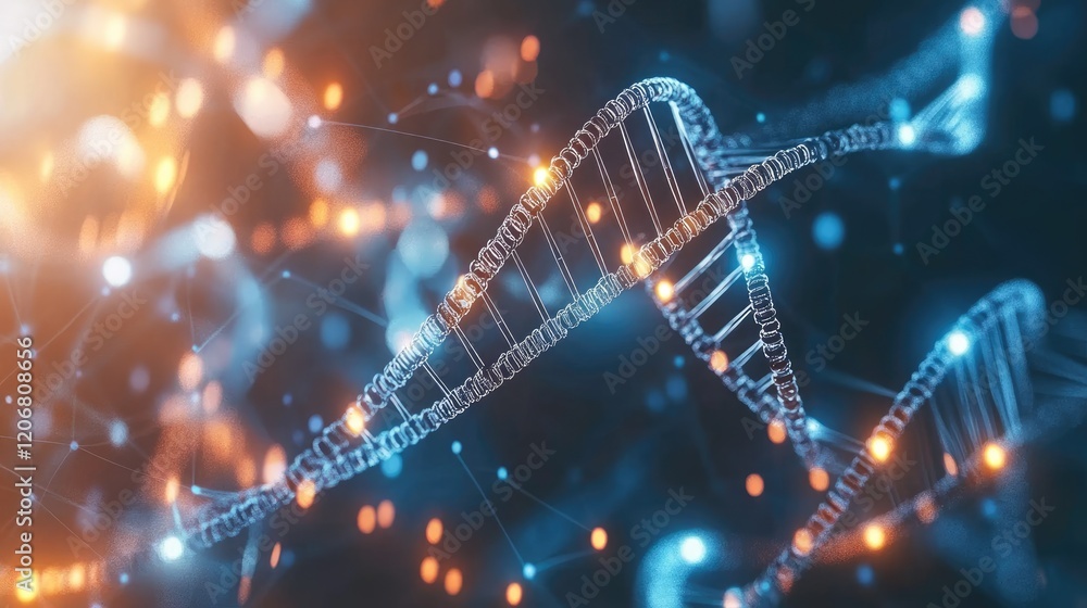 Poster abstract biotechnology background with molecular structures, dna strands, and graphs, symbolizing th