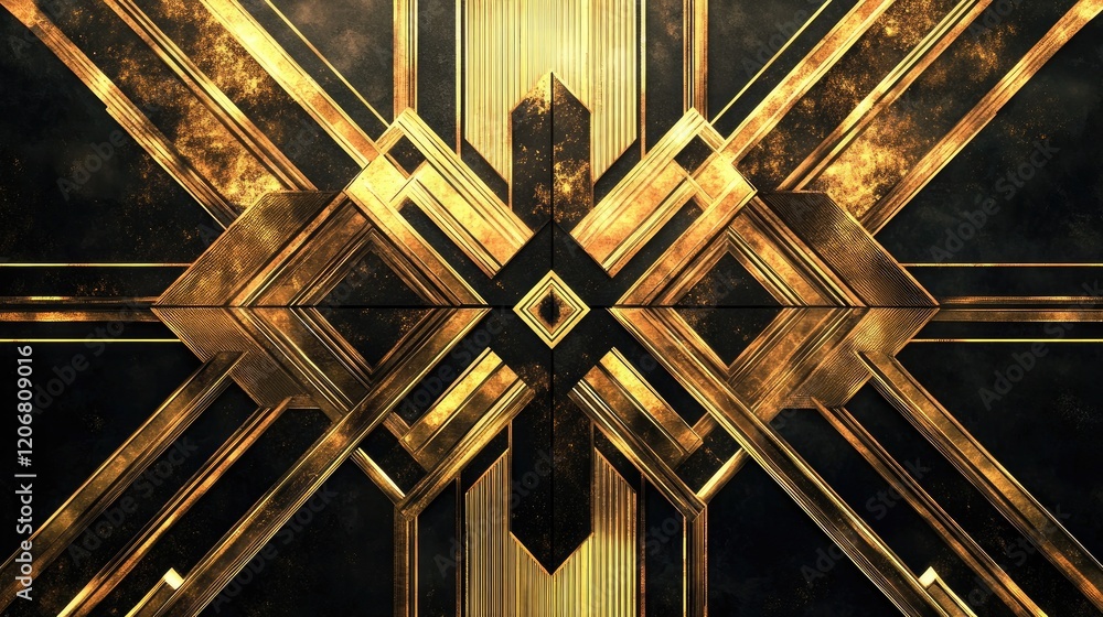 Poster abstract elegant art deco design with golden textured geometric ornaments glowing on a dark backgrou
