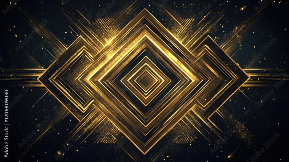 Poster abstract elegant art deco design with golden textured geometric ornaments glowing on a dark backgrou