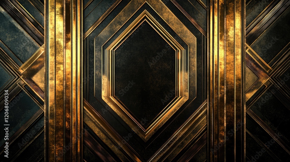 Poster abstract elegant art deco design with golden textured geometric ornaments glowing on a dark backgrou