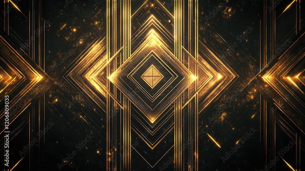 Poster abstract elegant art deco design with golden textured geometric ornaments glowing on a dark backgrou