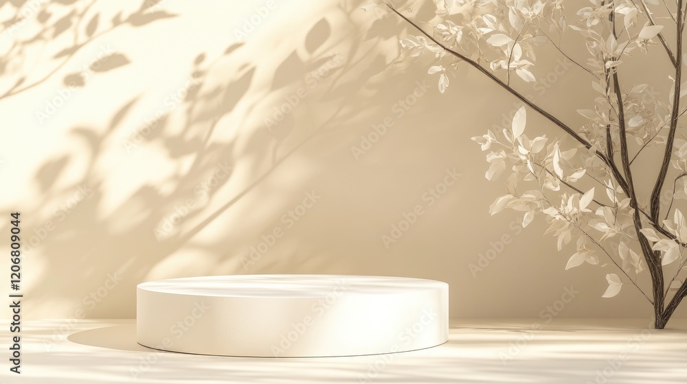 Poster abstract minimal nature setting with white podium and soft tree shadows on beige background. ideal f