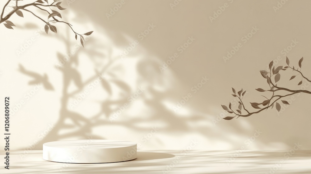 Poster abstract minimal nature setting with white podium and soft tree shadows on beige background. ideal f