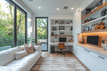 Modern home office with white built-in cabinets, desk, and chair in open-concept living room. Balcony view with greenery through the window, decorative guitar shelf, and clean, minimalist design.