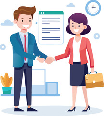 Obraz premium People shaking hands at work - Two businesspeople, man and woman doing handshake in office at work while smiling over business agreement and deal. Flat design stock illustration on white background