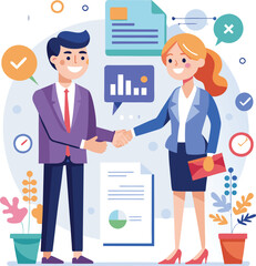 People shaking hands at work - Two businesspeople, man and woman doing handshake in office at work while smiling over business agreement and deal. Flat design stock illustration on white background