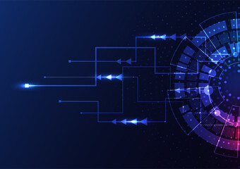 futuristic, digitally  line glowing with blue and pink light against a dark background.